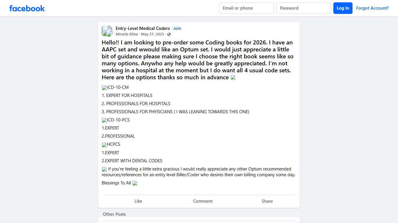 Entry-Level Medical Coders Hello!! I am looking to pre-order some Coding books for 2026 Facebook